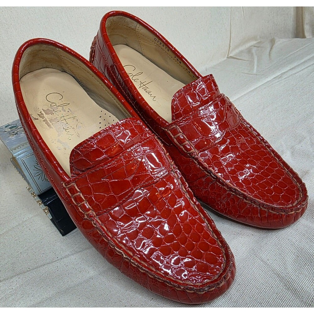 Cole Haan Persimmon Red Croc Embossed Driving Loafers 7.5B - Picture 2 of 16
